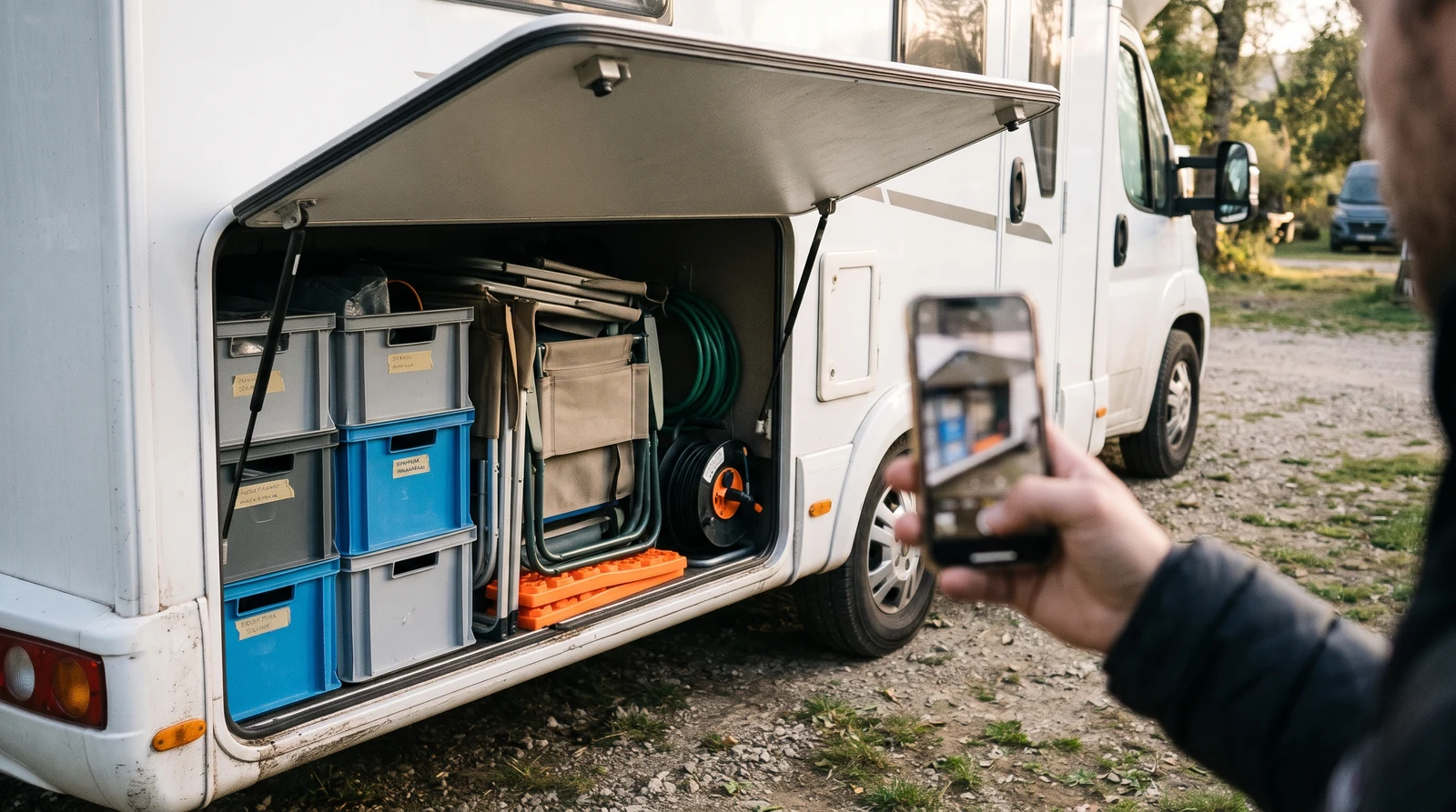 Inventaire camping-car : soute extérieure ouverte avec caisses rangées, chaises pliantes et tuyau photographiés au smartphone