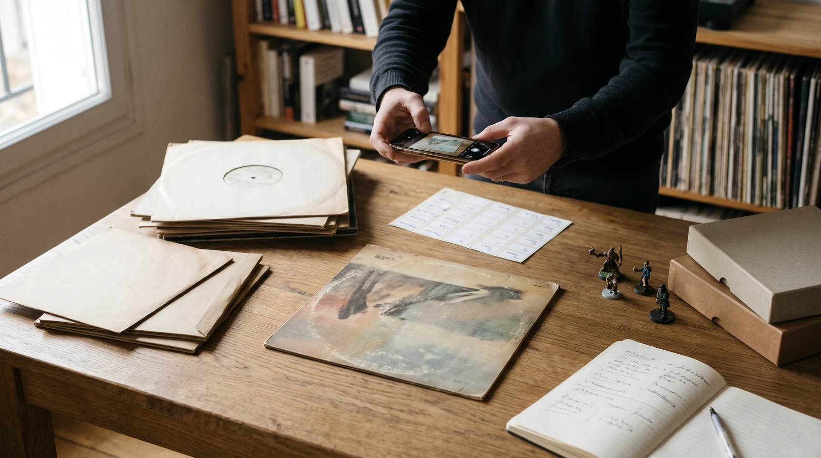 Inventaire d'une collection : vinyle photographié au smartphone sur une table, figurines, jeux et carnet de fiches