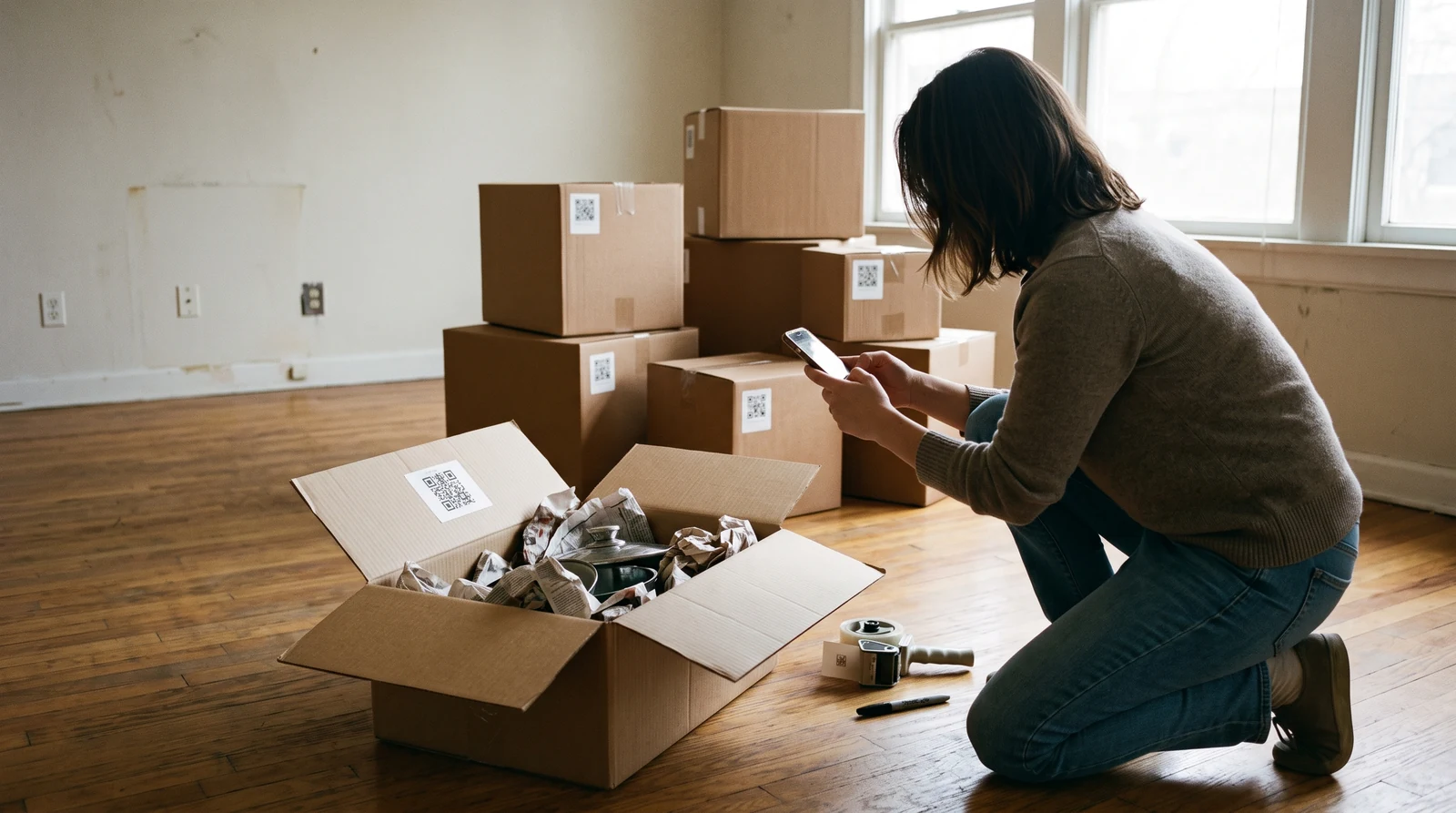 Inventaire de déménagement : cartons numérotés et étiquetés, contenu d'un carton ouvert photographié au smartphone
