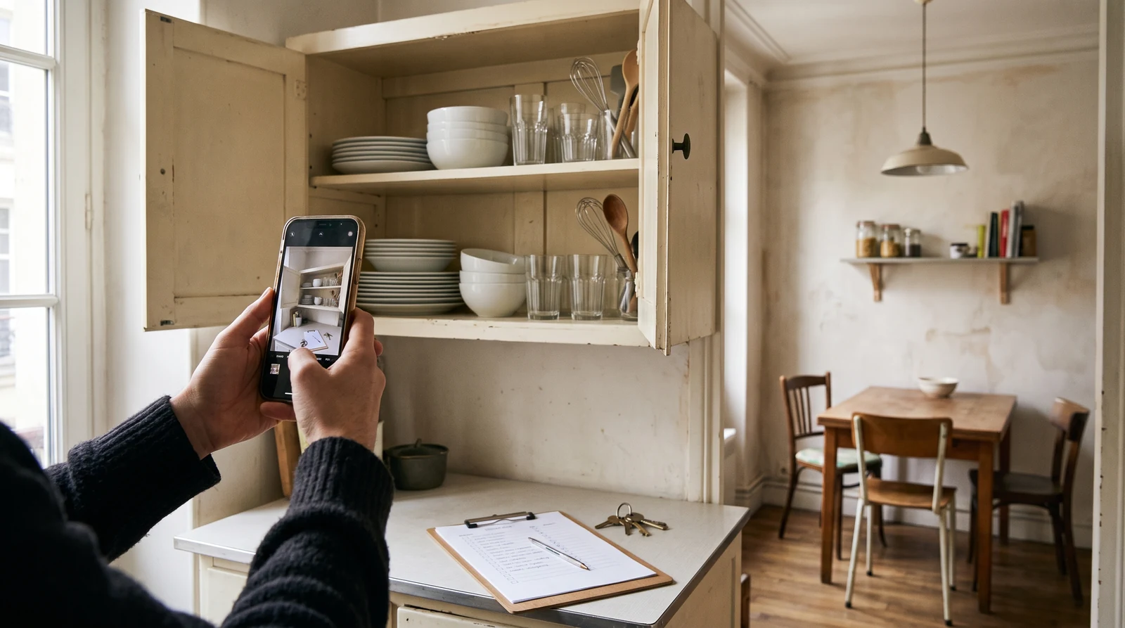 Inventaire d'une location meublée : smartphone photographiant la vaisselle d'un placard de cuisine ouvert