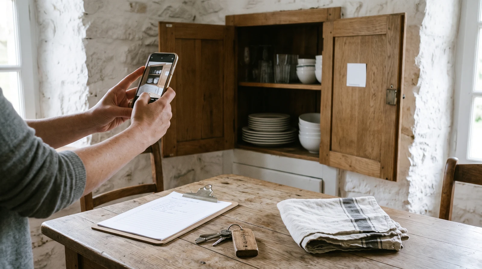 Inventaire location saisonnière : placard de cuisine d'un gîte photographié au smartphone, clés et liste posées sur la table