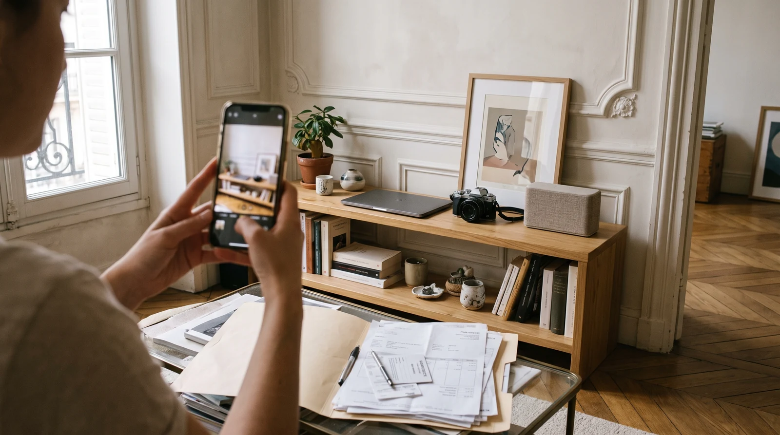 Inventaire de la maison pour l'assurance habitation : smartphone photographiant un ordinateur et un appareil photo sur une étagère