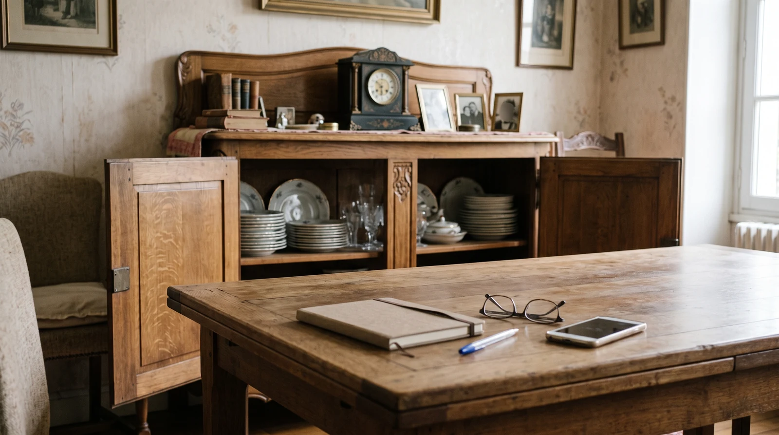 Inventaire succession : buffet ancien ouvert sur la vaisselle, pendule et photos de famille, carnet et téléphone posés sur la table de la salle à manger