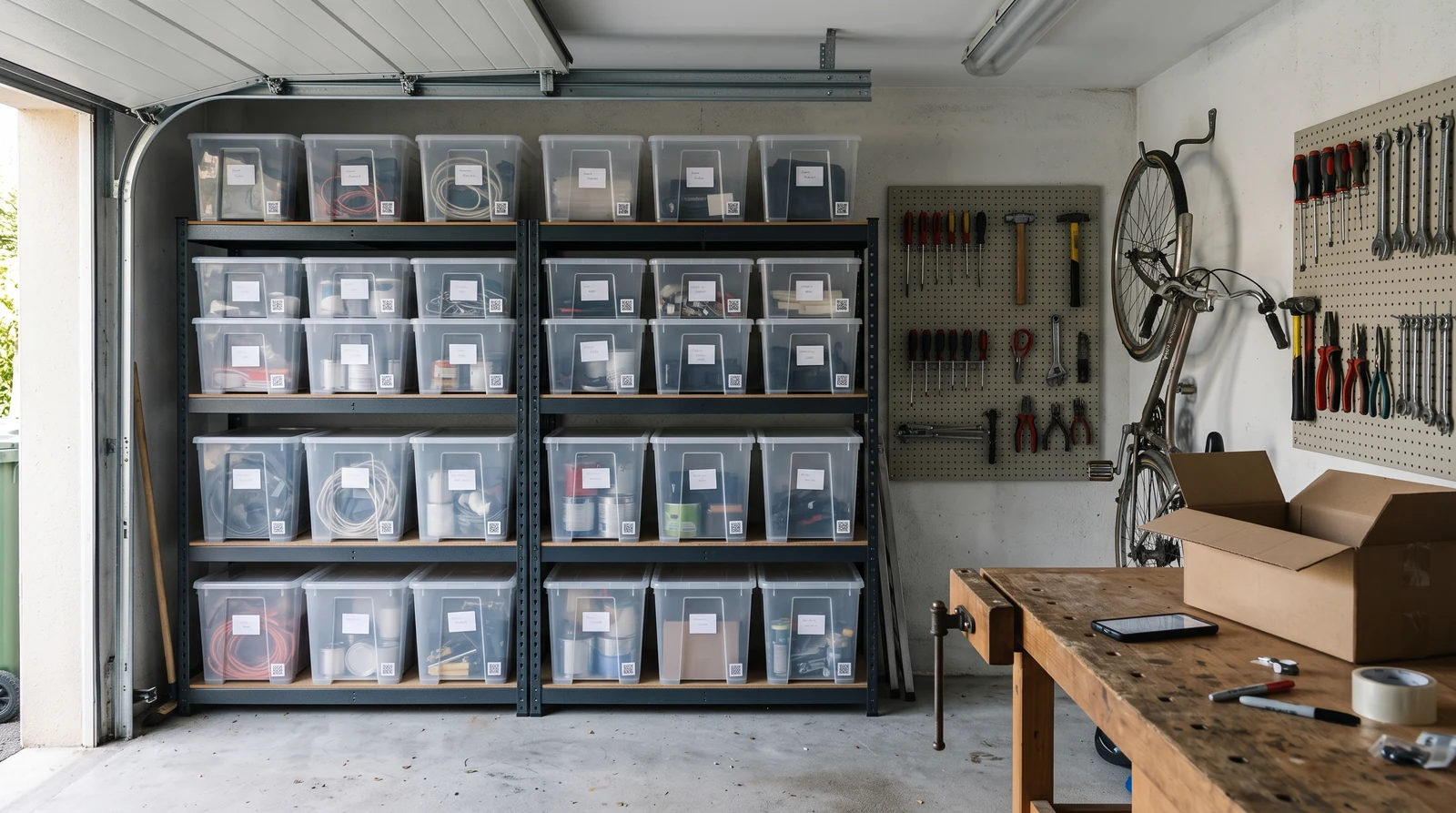 Organiser son garage : étagères métalliques avec boîtes transparentes étiquetées, panneau à outils et établi en bois