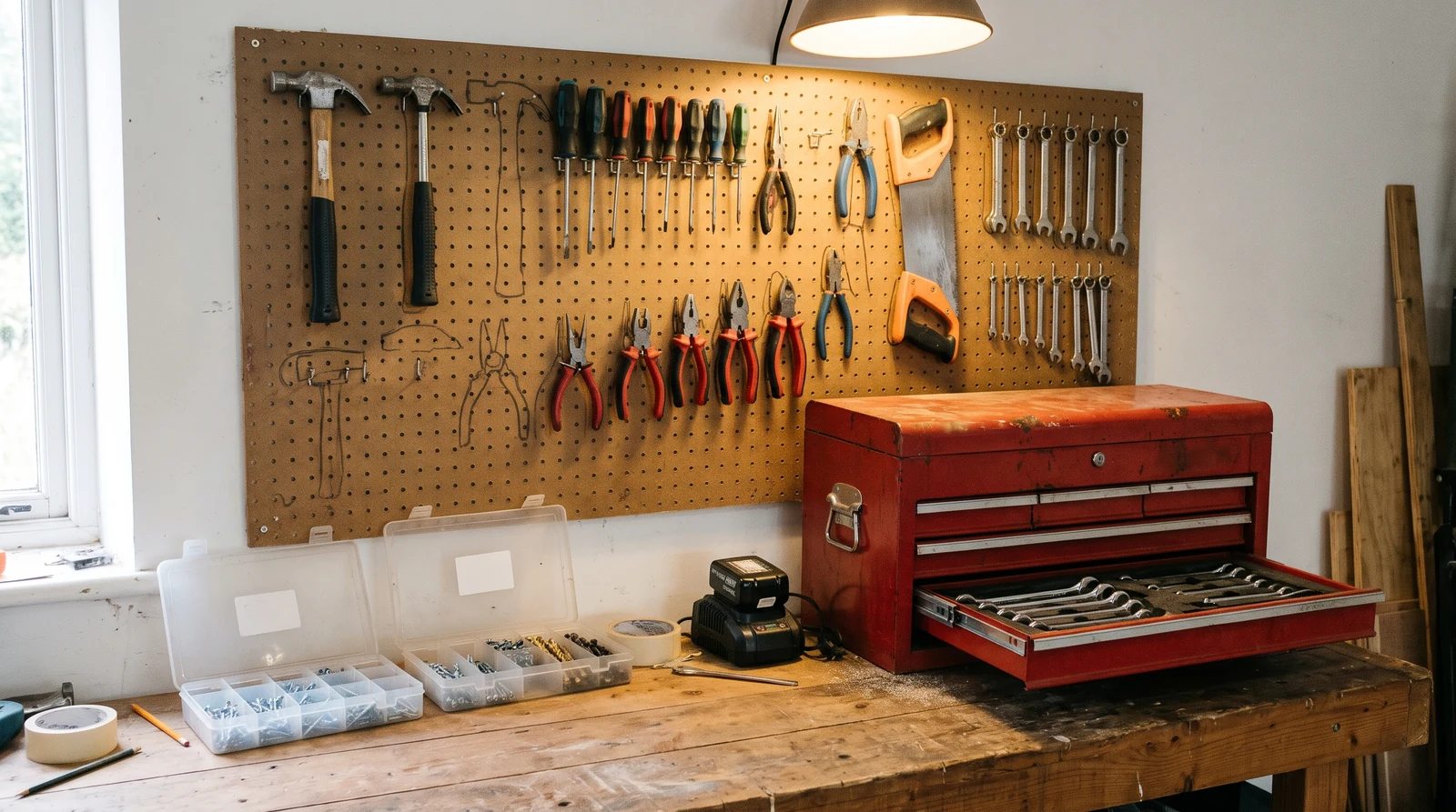 Ranger ses outils : panneau perforé avec outils à main suspendus, servante d'atelier rouge et boîtes étiquetées sur l'établi